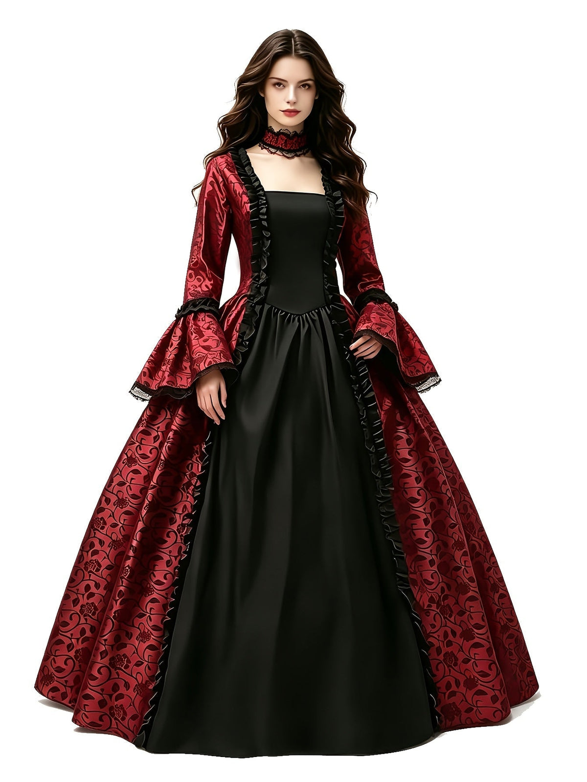 Front view of the red and black ball gown on a model against white, with ruffled front panel and lace-trimmed flared sleeves. 10