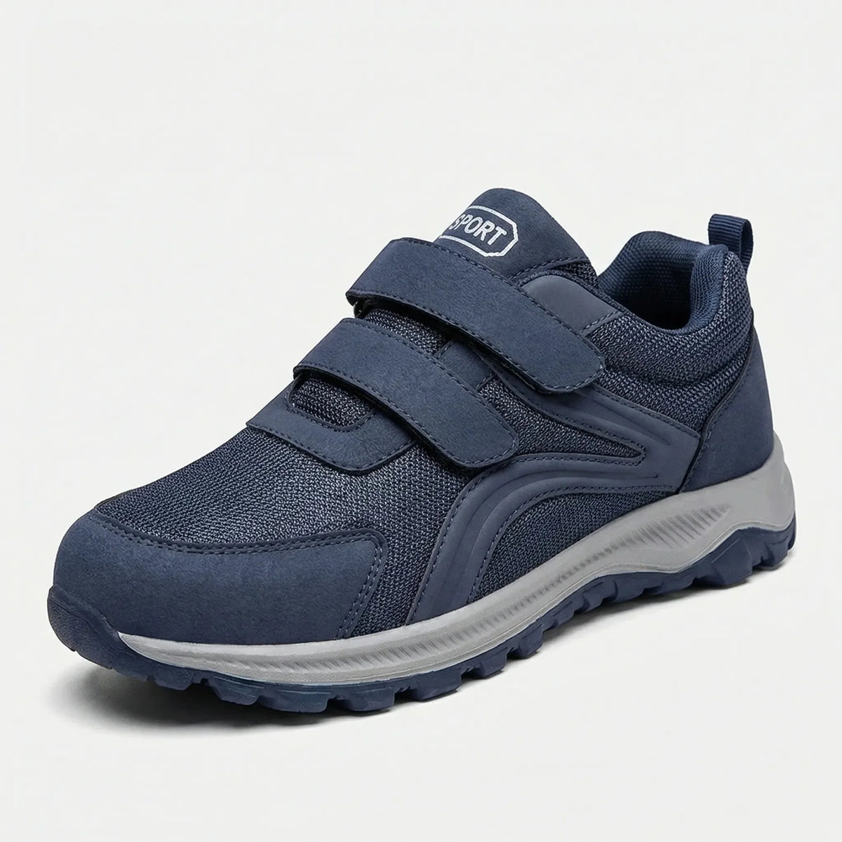 Single navy shoe with two hook-and-loop straps and a grey sole, angled front view on white 11