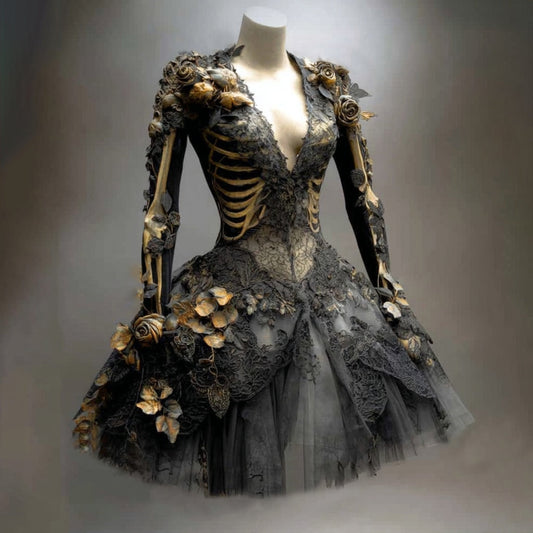 Black lace and tulle mini dress on a mannequin, with golden skeleton ribs, bone sleeves and gilded roses. 1