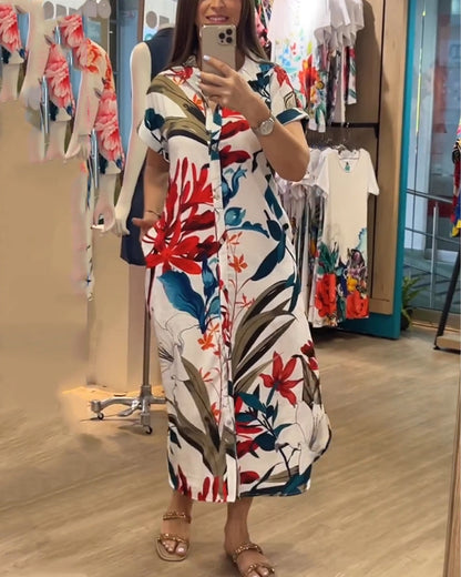 Trendy printed summer dress with shirt collar – Flora