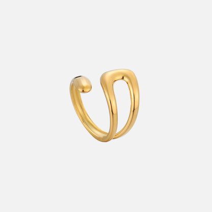 Gold-toned open ring with a smooth bulbous end and a looped, U-shaped front, photographed against plain grey 1