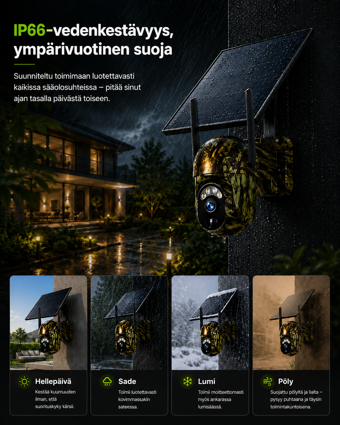 Camera mounted on a wall in heavy rain at night, with smaller panels showing sunshine, rain, snow and dust conditions. 7