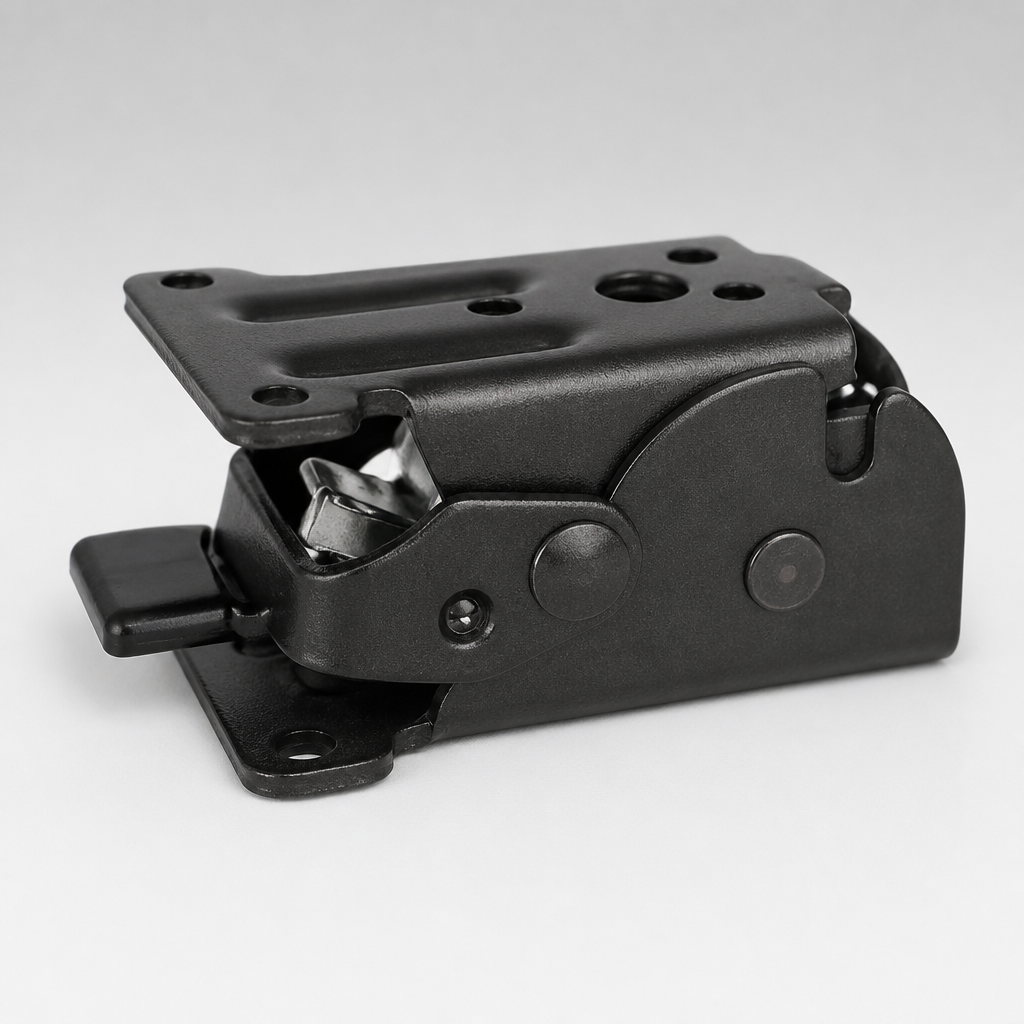 Single black folding bracket on a plain grey background, showing its mounting plate, rivets, latch tab and spring mechanism. 8
