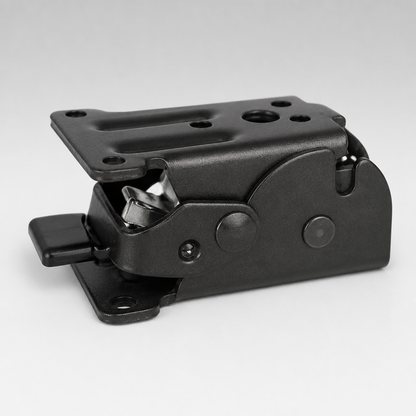 Single black folding bracket on a plain grey background, showing its mounting plate, rivets, latch tab and spring mechanism. 8