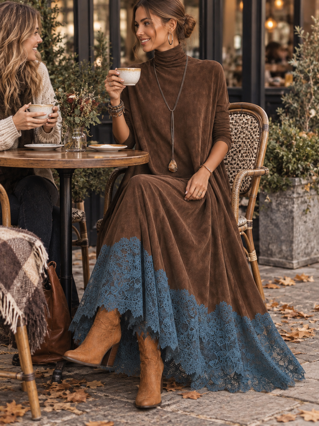 Model seated at a cafe table in the brown dress with blue lace hem, holding a cup 6