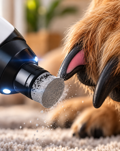 Extreme close-up of the grinding head filing a dark dog nail, with dust flying and lights glowing 6