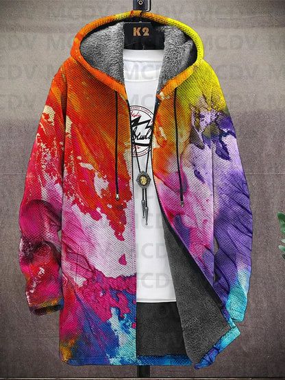 Jacket on a hanger in a bright paint-splash print of orange, pink, purple, yellow and turquoise 7