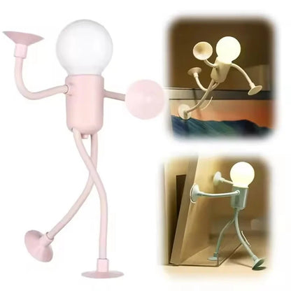 Pink figure light with bulb head beside two small scenes of lights clinging to a ledge and a wall 7