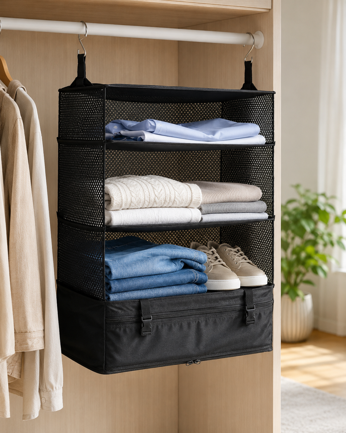 Close view of the organiser hanging from a white rail, showing perforated mesh sides and folded clothes on each shelf 12