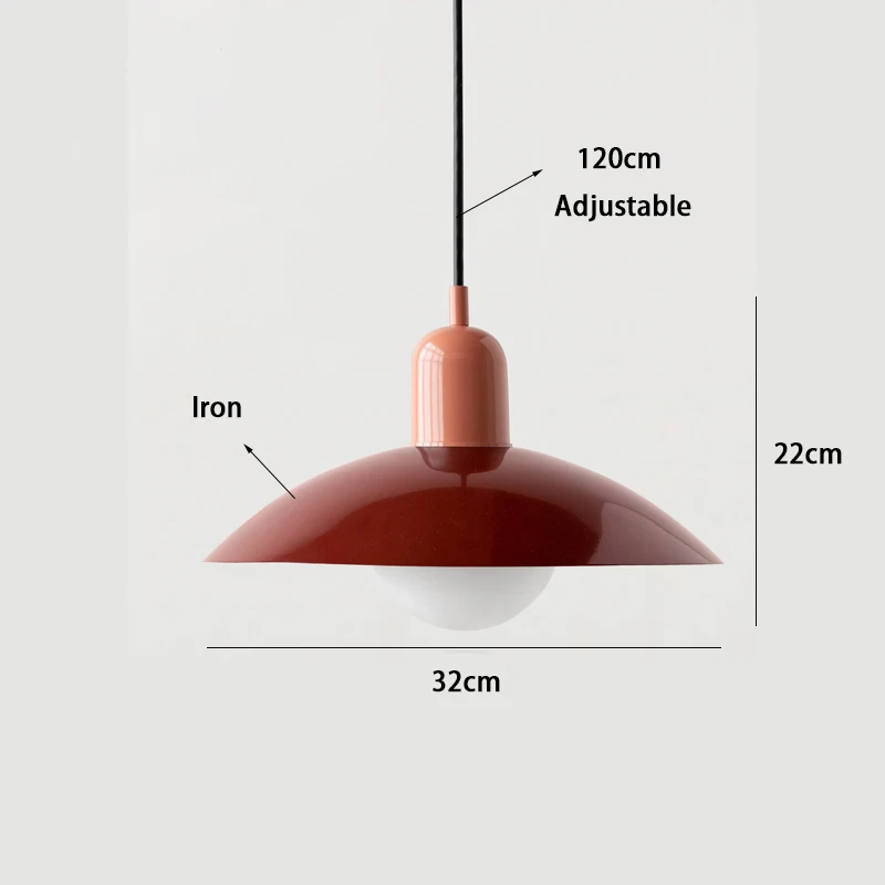Dimensions diagram of the pendant showing its iron shade, adjustable cord length, width and height 13