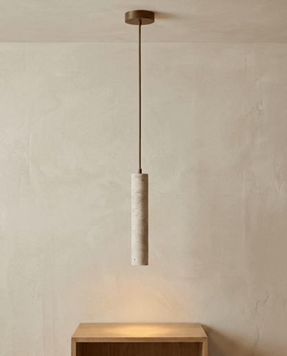 Shorter pendant variant with a veined, paler stone cylinder hanging from a thin metal rod 7