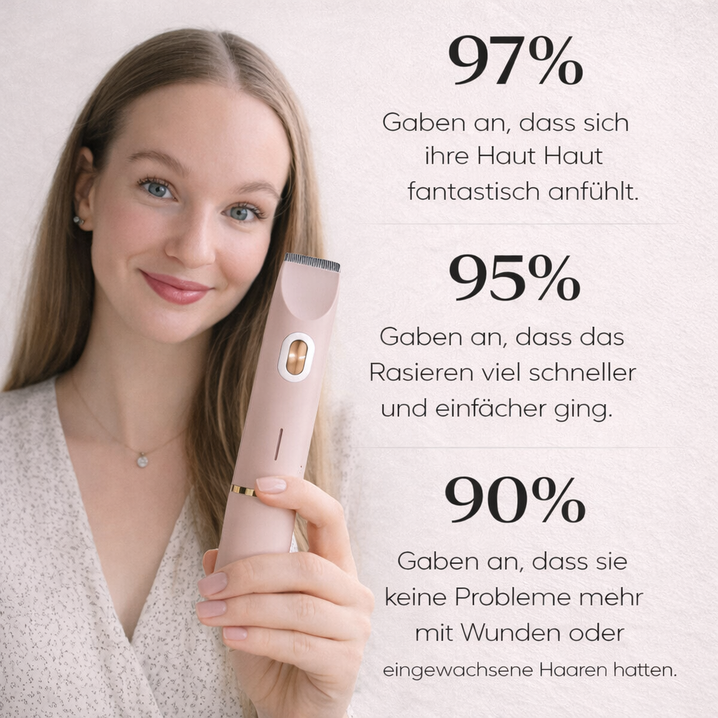Smiling woman with long hair holds the pink trimmer next to three customer satisfaction percentages on a pale textured background. 10