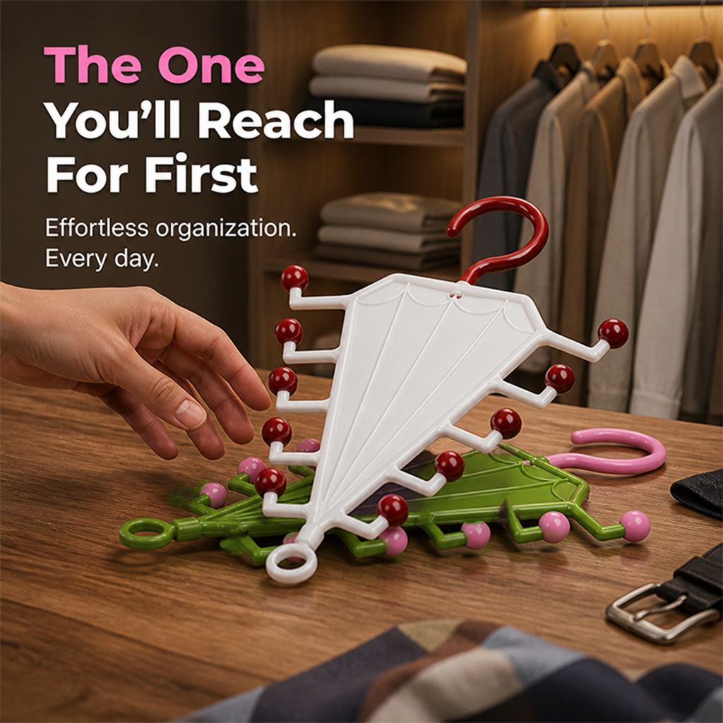 Hand reaching for a white hanger lying on a wooden table, with a green one beneath 6