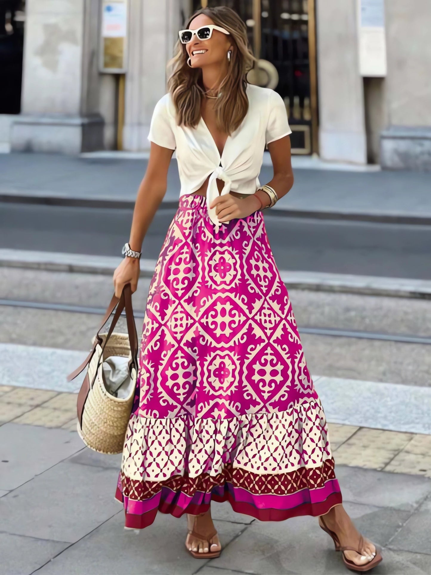 Printed Boho maxi skirt with a flowing cut & fringes – Yalina
