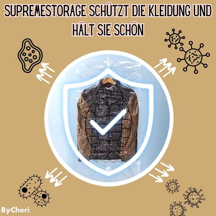 Clear vacuum bag containing a hanging jacket inside a shield with a tick, surrounded by drawn germs and arrows pointing away. 7
