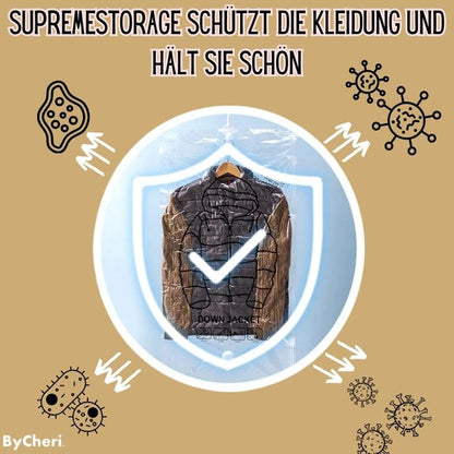 Clear vacuum bag containing a hanging jacket inside a shield with a tick, surrounded by drawn germs and arrows pointing away. 7