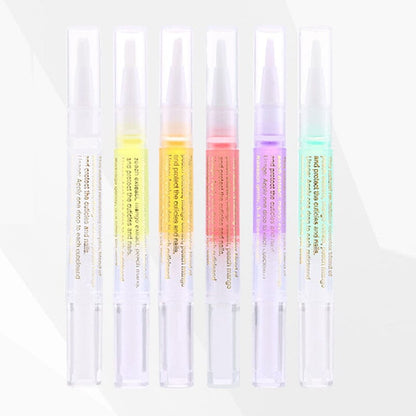 Six oil pens in a row, filled with clear, yellow, orange, red, purple and green liquid 12