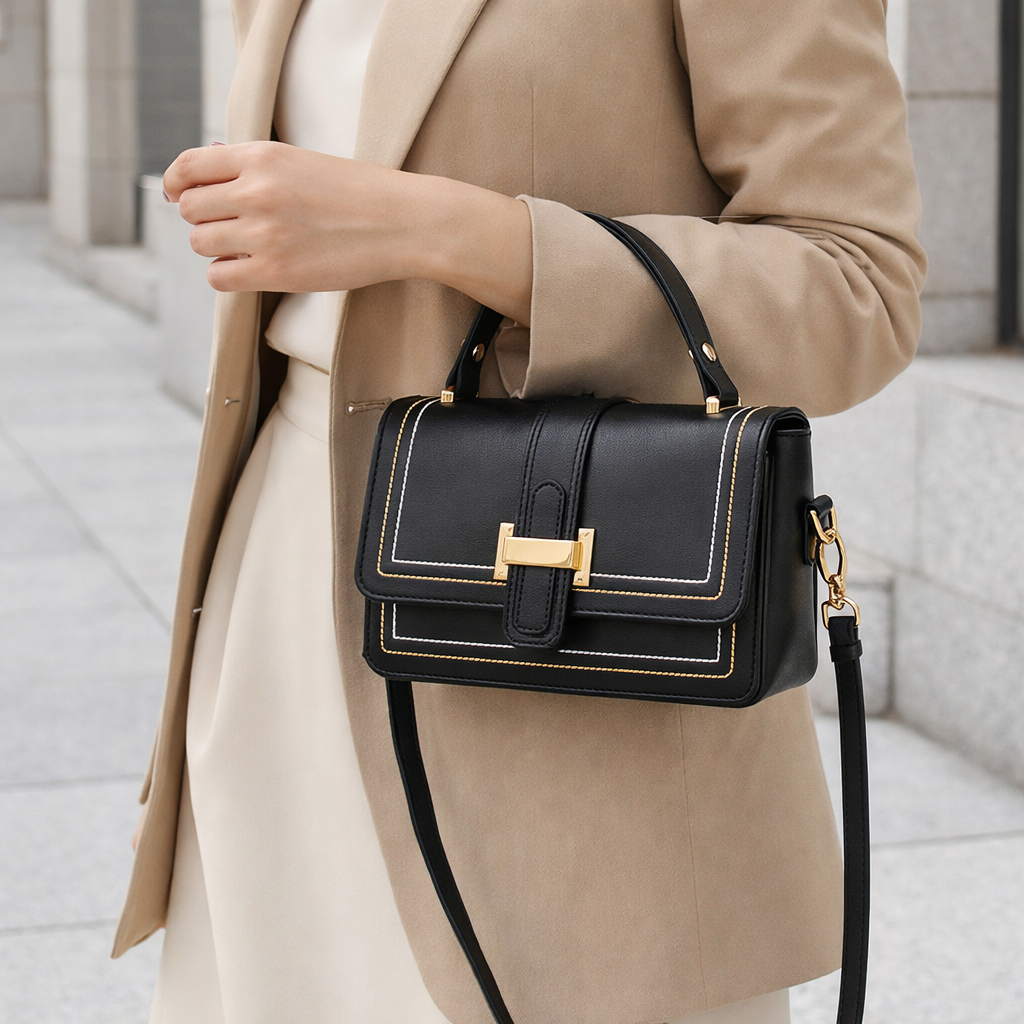 Model in a beige blazer carrying the black bag by its top handle, its long strap hanging below. 6