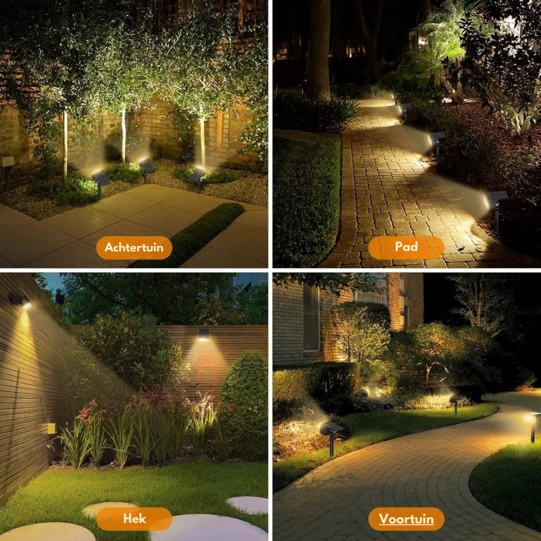 Four-panel collage of the spotlights at night in a back garden, along a path, beside a fence and in a front garden. 8