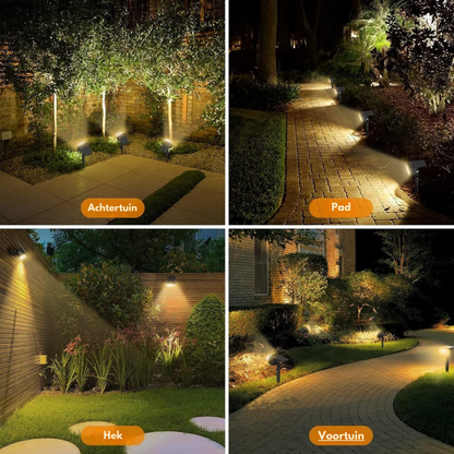 Four-panel collage of the spotlights at night in a back garden, along a path, beside a fence and in a front garden. 8
