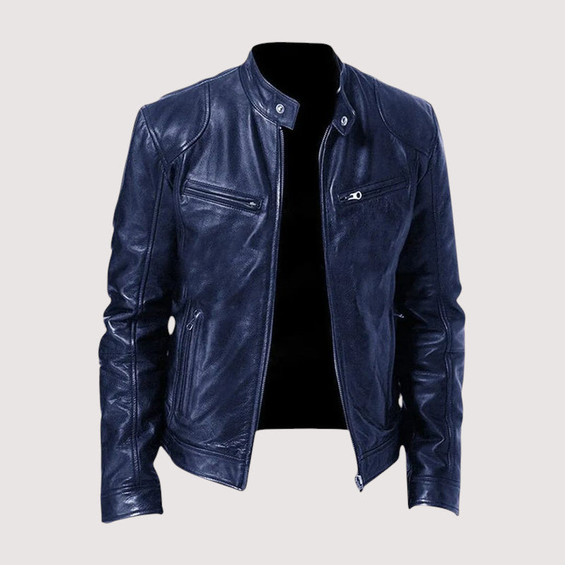 Navy blue version of the leather biker jacket from the front, unzipped 4