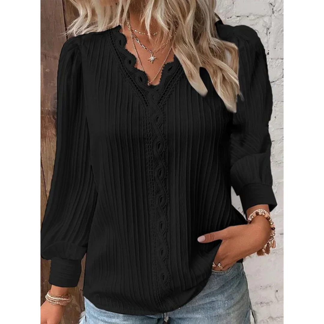 Stylish autumnal women's blouse with a V-neck and long sleeves – Alvara