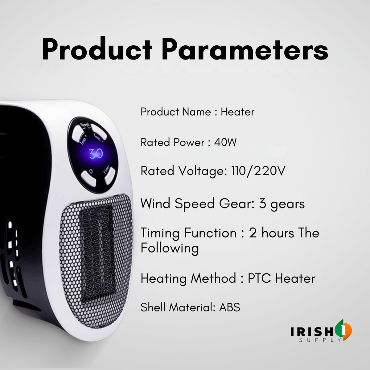 Angled view of the heater with its display lit, beside a list of technical specifications 8