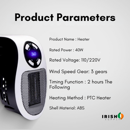 Angled view of the heater with its display lit, beside a list of technical specifications 8