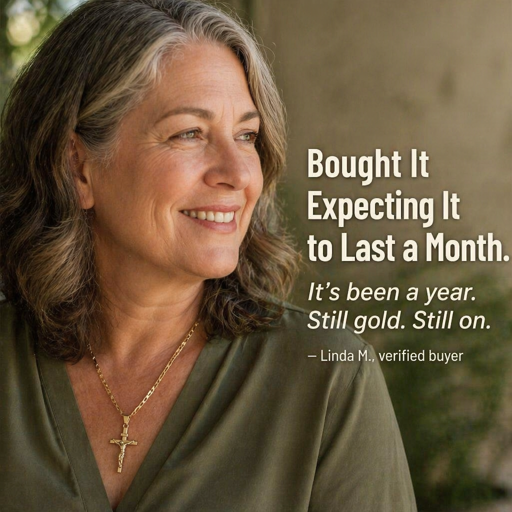 Smiling older woman with grey-streaked hair wears the gold crucifix necklace with a green top, outdoors 7