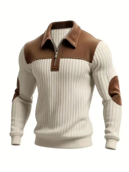 Cream ribbed zip jumper with brown contrast collar, yoke and elbow patches, shown on its own 7