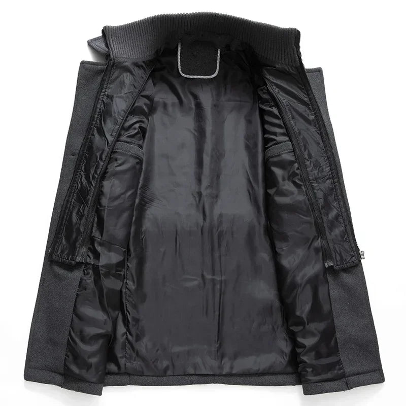 Inside of the grey coat laid open, showing the black quilted-looking lining and the zip-out collar layer 7