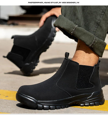 Wearer in black slip-on boots lifting the other boot, showing the chunky treaded sole 7