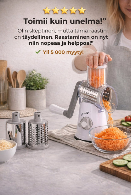 Woman turning the grey-handled chopper to grate carrot into a glass bowl, with two spare drums and a bowl of cheese beside it. 8
