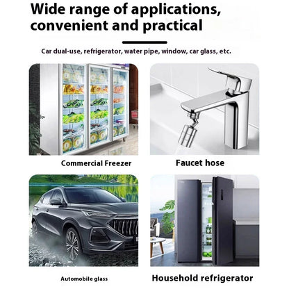 Four-panel collage of uses: commercial freezer, tap, car windows and household fridge 7