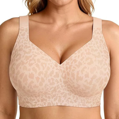 Front view of the bra in a pale beige leopard print, worn by a model 9