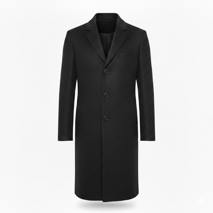 Front view of the charcoal coat on a plain white background, showing three buttons and notch lapel 1
