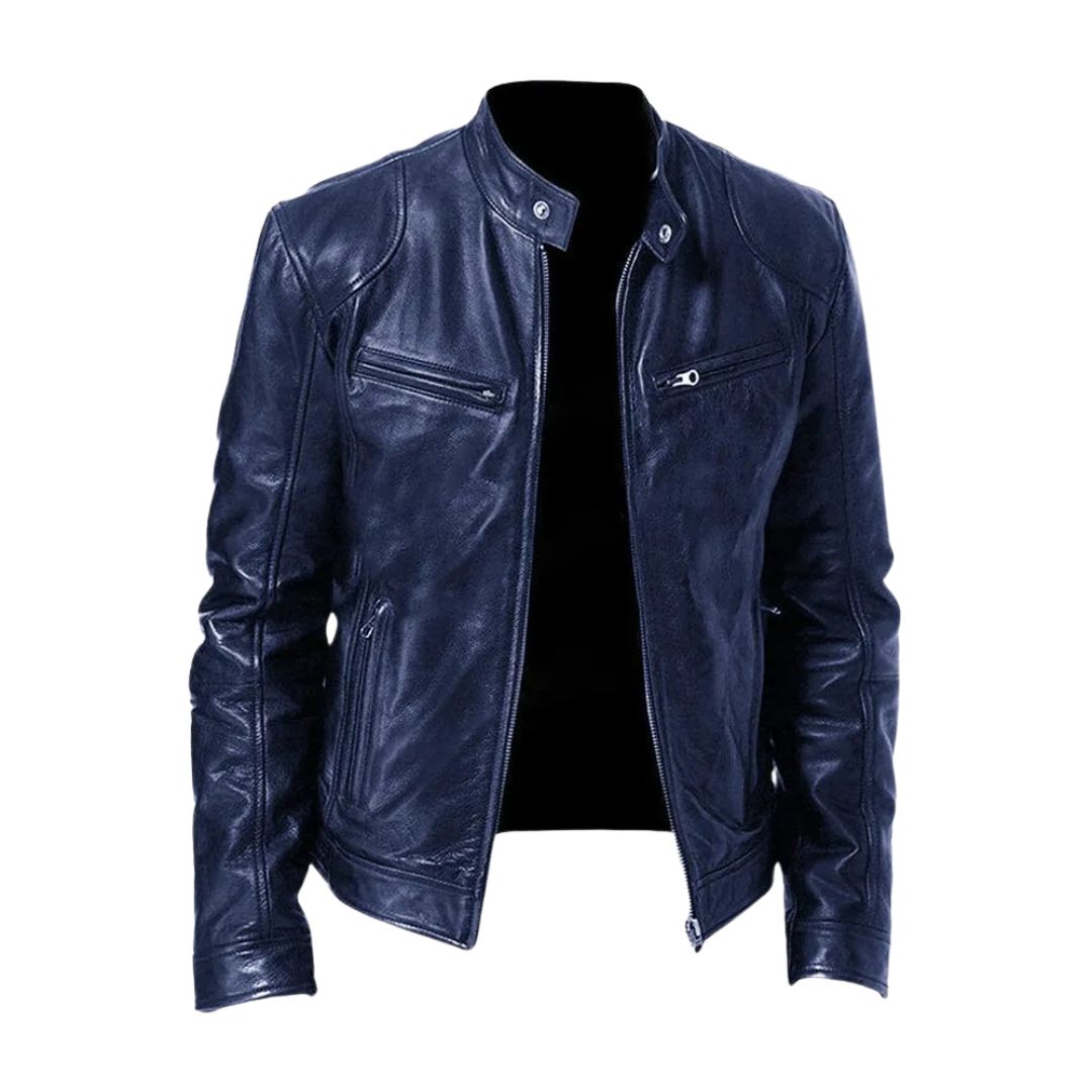 Navy blue version of the stand-collar leather jacket, shown unzipped from the front with a glossy finish and zipped pockets. 5