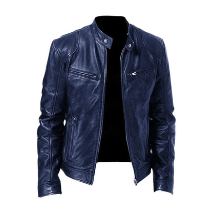 Navy blue version of the stand-collar leather jacket, shown unzipped from the front with a glossy finish and zipped pockets. 5