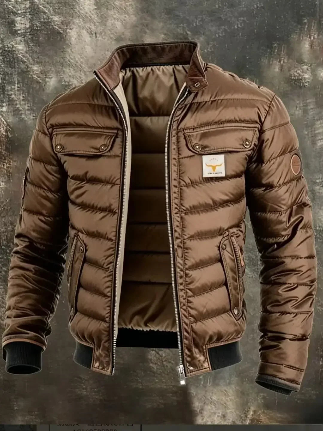 Close, large view of the brown quilted jacket, showing its glossy horizontal quilting and chest pockets 7