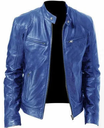 Bright blue leather biker jacket with zipped chest pockets, unzipped over a dark inner layer 7