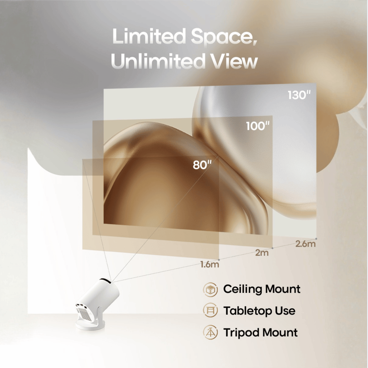 Diagram of screen sizes at increasing distances from the projector, with mounting options listed beneath 18