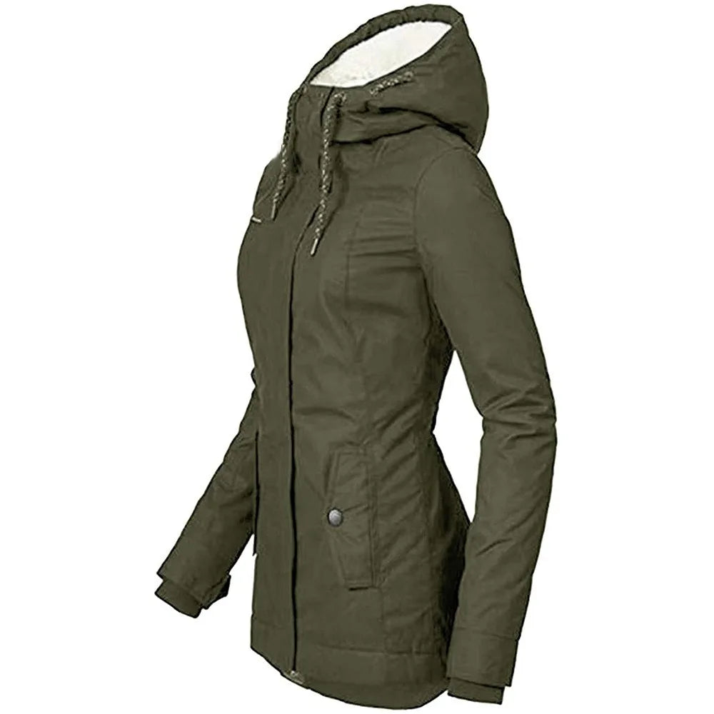 Side view of the dark green jacket, showing the hood, drawcords, zip placket and angled pocket flap 7