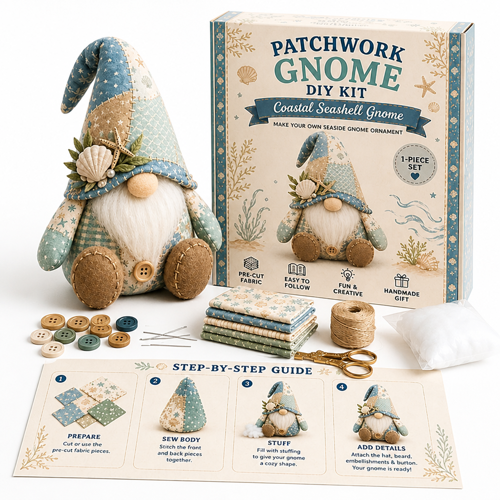 Pale blue and green coastal gnome with a seashell on its hat, shown with its kit box and supplies 12