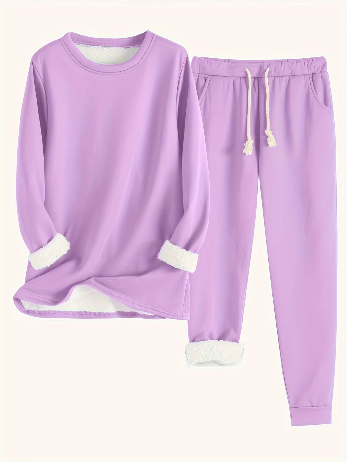 Flat lay of the set in lilac purple, showing fluffy white lining and a drawstring waistband 13