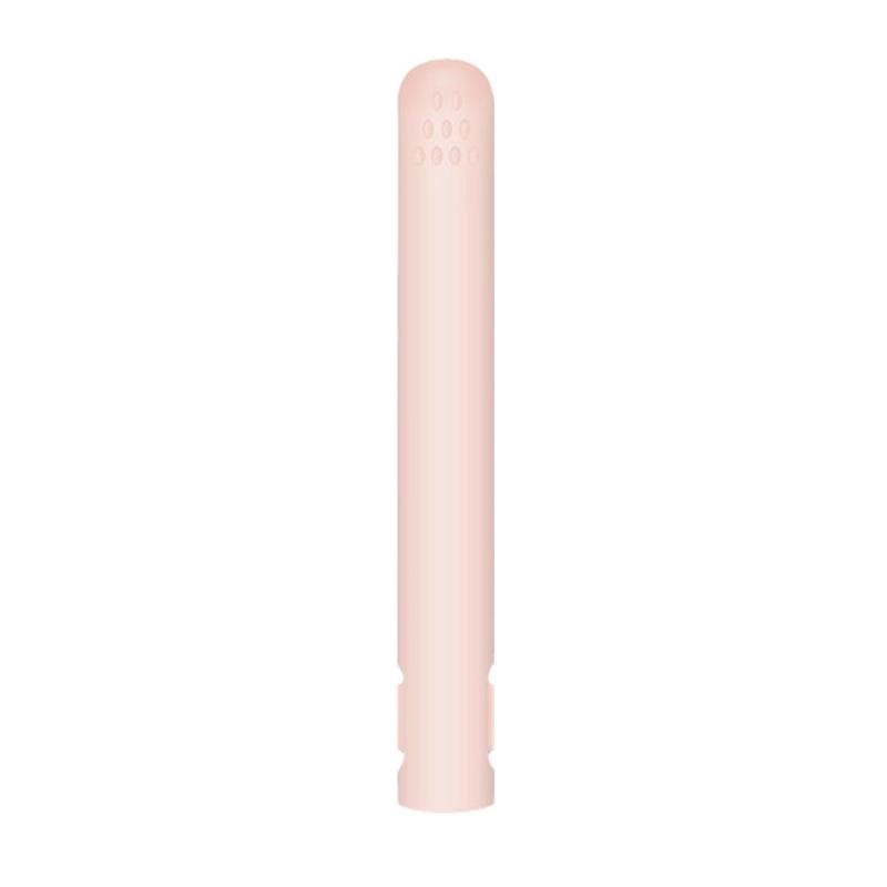 Closed pink straightener upright on a plain white background, with oval vent holes near the rounded tip. 14