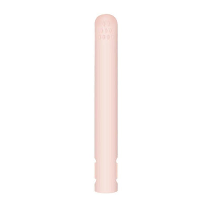 Closed pink straightener upright on a plain white background, with oval vent holes near the rounded tip. 14