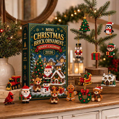 Box on a rustic sideboard with brick ornaments hung from a small bare tree and others standing on the shelf. 7