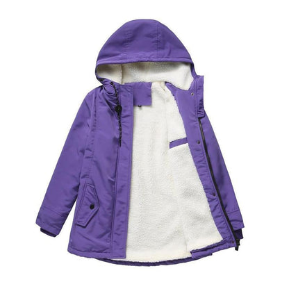 Purple parka laid flat and open, showing the cream fleece lining inside the hood and body 8