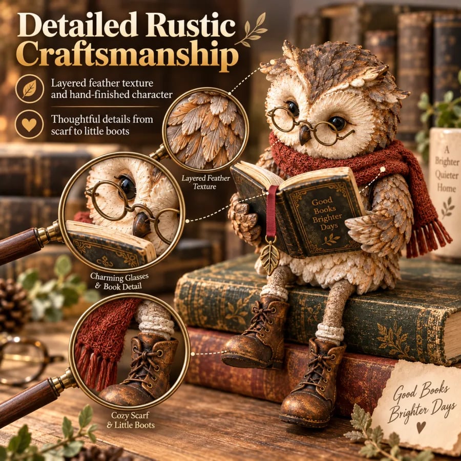 Close-up magnifier circles highlight the layered feather texture, glasses and book, and scarf and boots of the owl figurine. 4