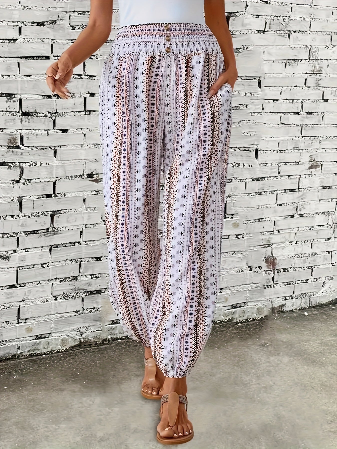 Boho High-Waist Women's Trousers with Print & Smocked Waistband – Linara